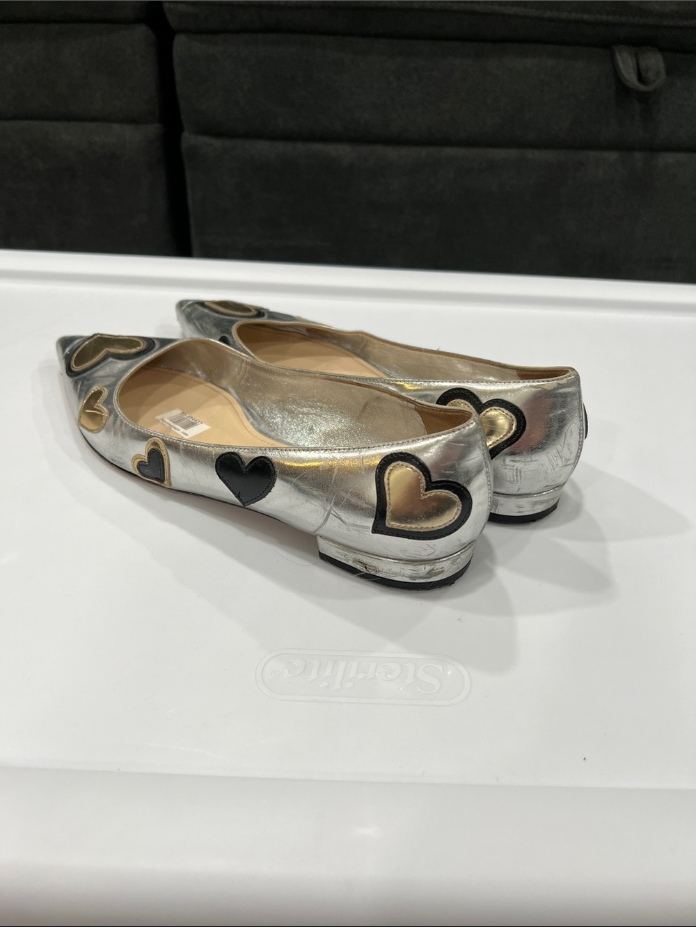 Prada Silver Pointed Flats with Gold and Black Heart Appliqués - Picture 2 of 3